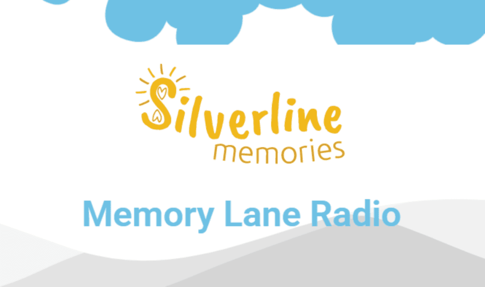Silverline Memories logo above the text "Memory Lane Radio" with blue clouds and gray hills in the background. - Home Instead