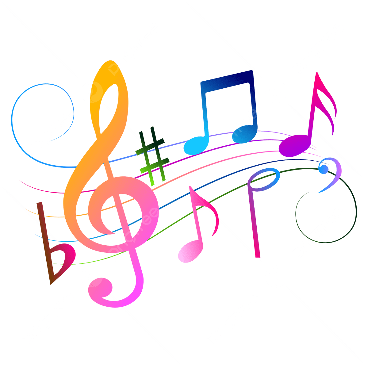 Colorful musical notes and a treble clef on swirling staff lines, set against a black background. - Home Instead