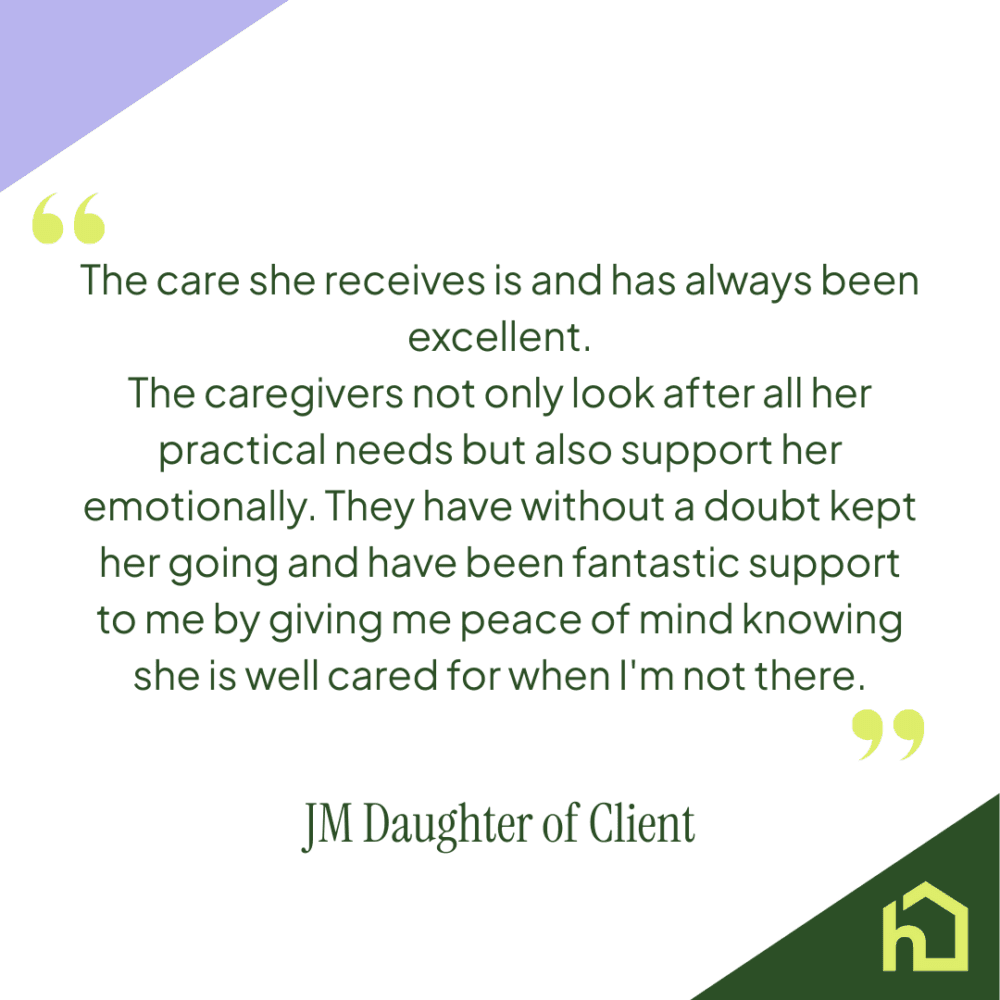 Testimonial quote about excellent caregiver support, with green text and a yellow house logo on a geometric background. - Home Instead