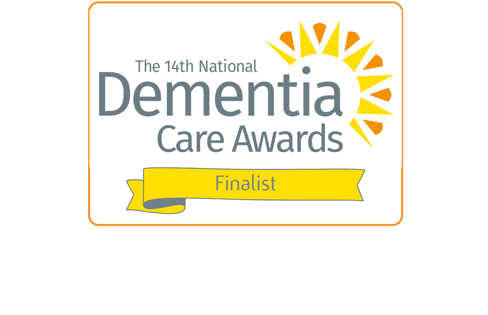 Logo for the 14th National Dementia Care Awards with a yellow banner reading "Finalist" and a sunburst design. - Home Instead