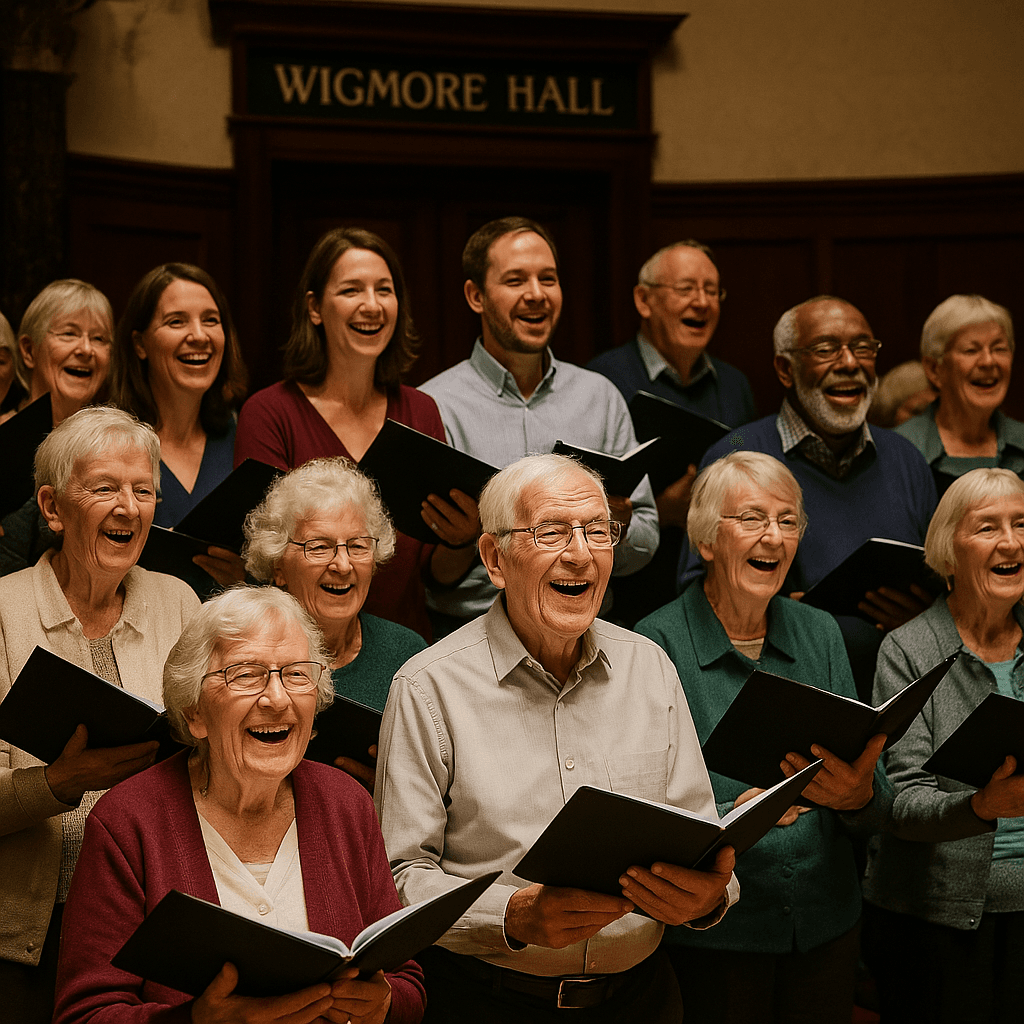A joyful choir of seniors and adults singing together in Wigmore Hall, holding open music books. - Home Instead