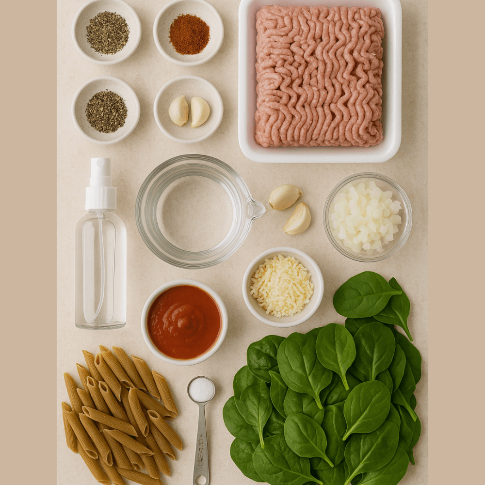 Ingredients for a pasta dish: ground meat, pasta, spinach, cheese, sauce, onion, garlic, spices, and a spray bottle. - Home Instead