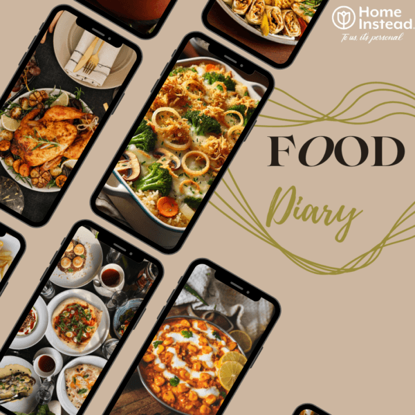 Smartphones display various delicious dishes; "Food Diary" and "Home Instead" logos appear on a beige background. - Home Instead