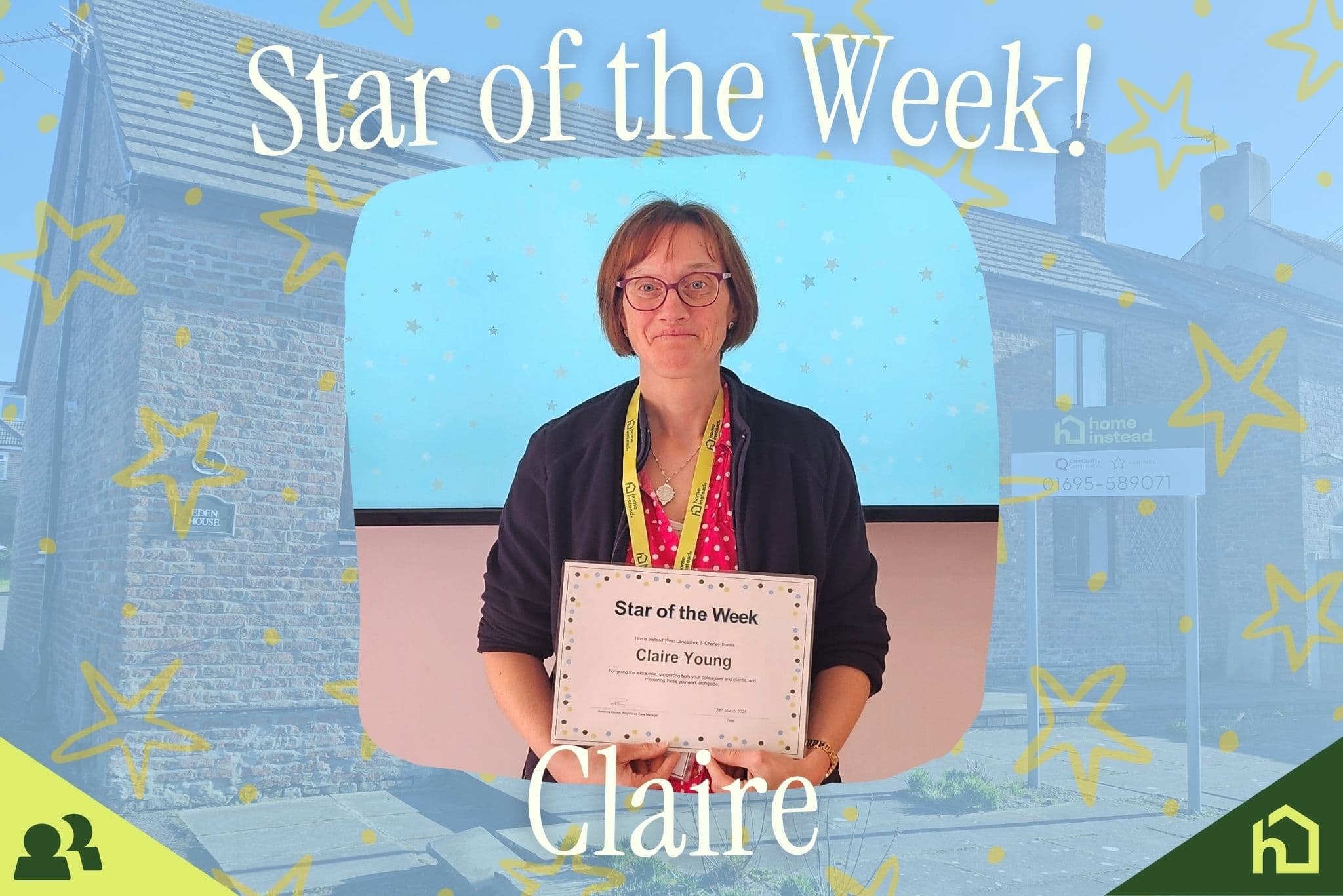 Care Professional, Claire, being presented the award of Star of the Week by Home Instead West Lancashire and Chorley