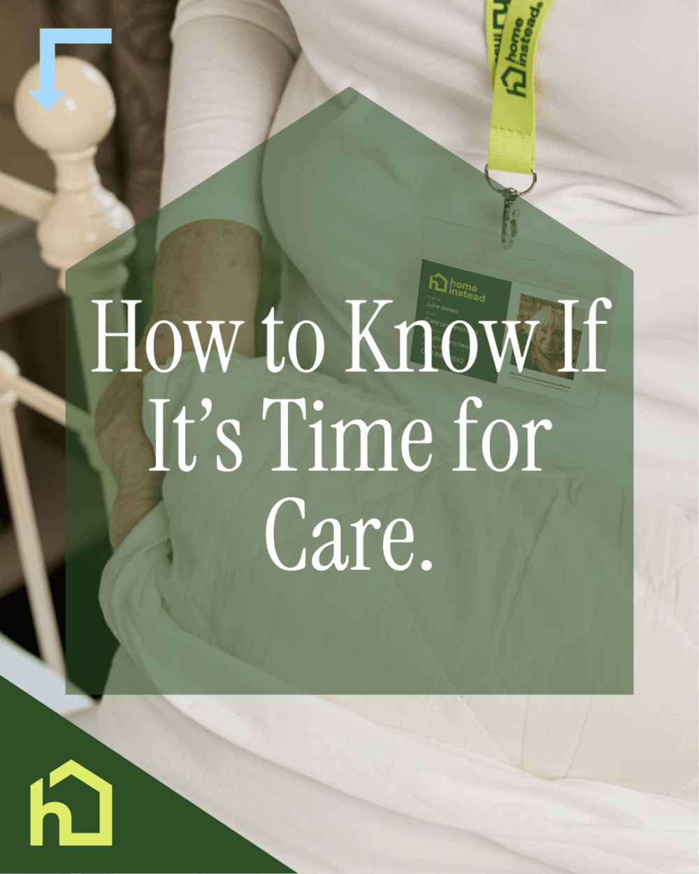 A care worker wearing an ID badge and white uniform gently supports an elderly person seated on a bed. The text overlay reads, "How to Know If It’s Time for Care," suggesting guidance for families considering care support for a loved one. A green logo resembling a house is displayed in the bottom corner.