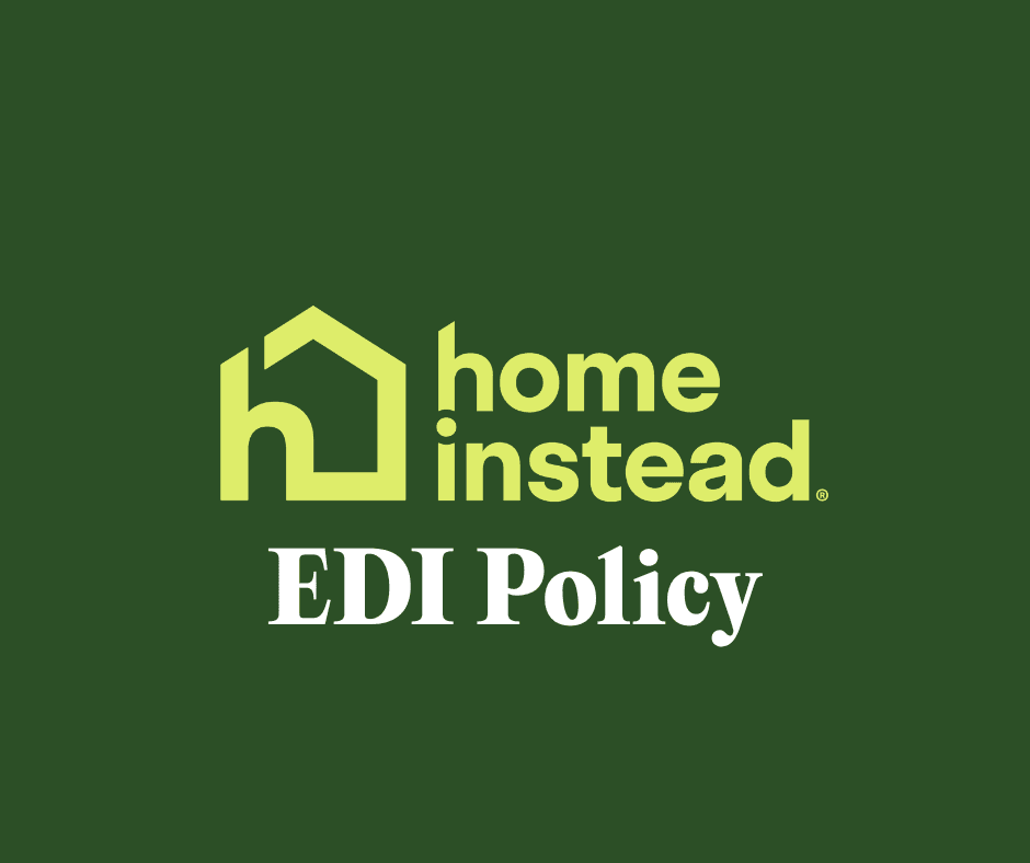 Green background with "home instead" logo above the text "EDI Policy" in white bold letters. - Home Instead