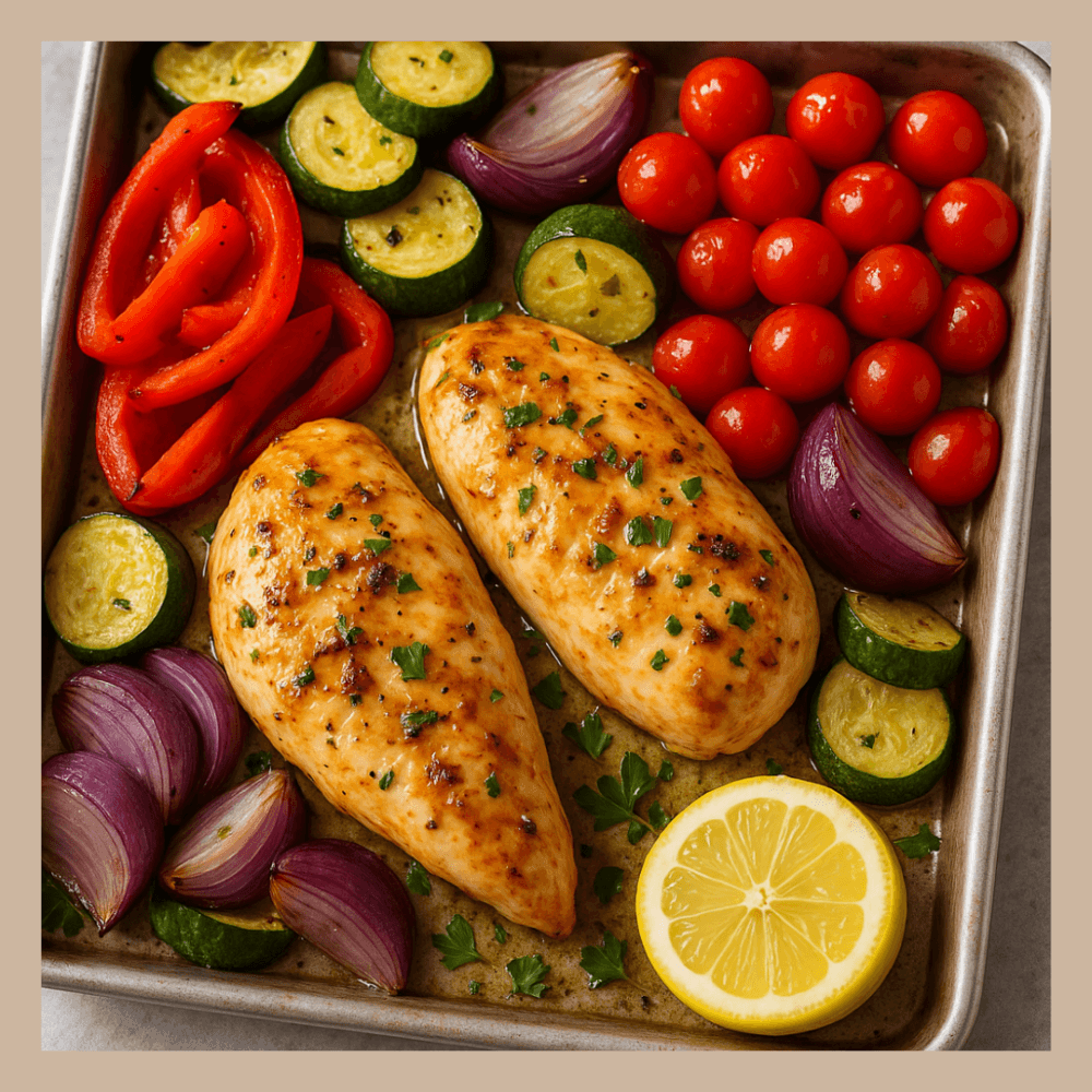 Baked chicken breasts with zucchini, cherry tomatoes, red onion, red bell pepper, and a lemon half in a pan. - Home Instead