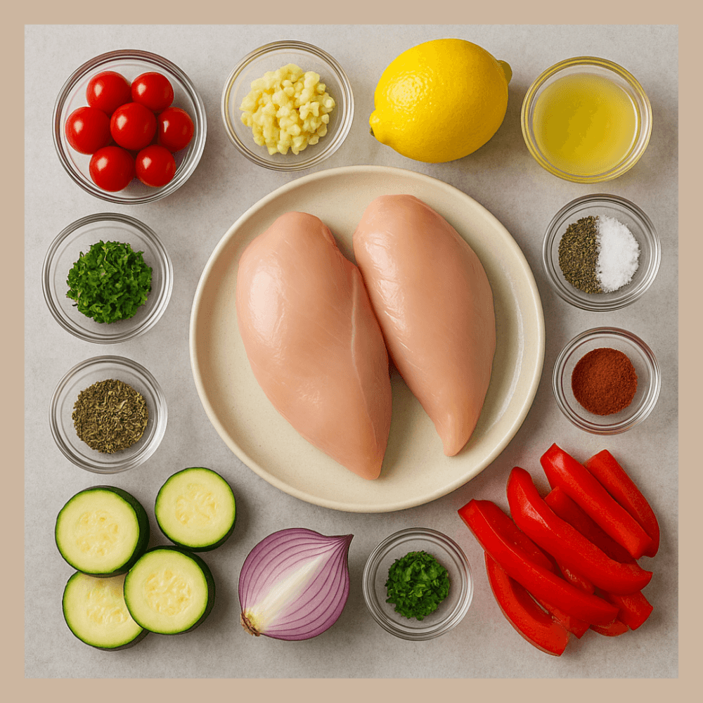 Raw chicken breasts on a plate, surrounded by fresh veggies, herbs, spices, garlic, and lemon on a countertop. - Home Instead