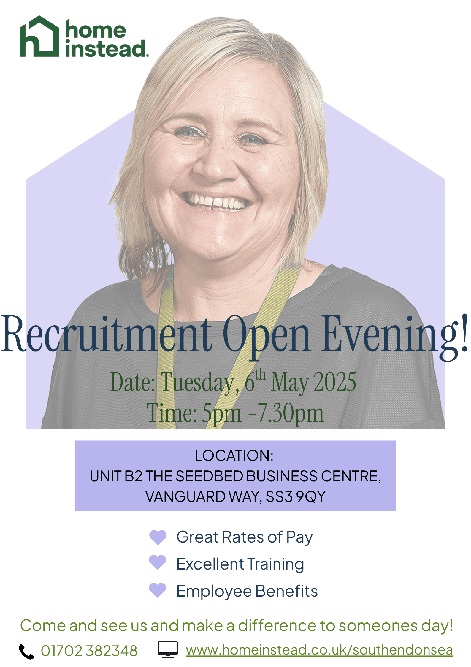 Smiling care professional for recruitment open evening poster.