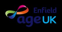 Age UK Enfield logo with multi-colored infinity symbol and purple and blue text. - Home Instead
