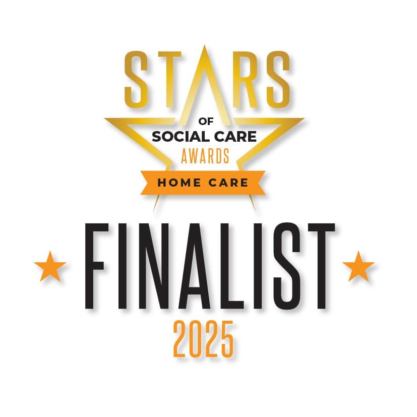 Stars of Social Care Awards Home Care 2025 Finalist logo with gold and black text and stars. - Home Instead