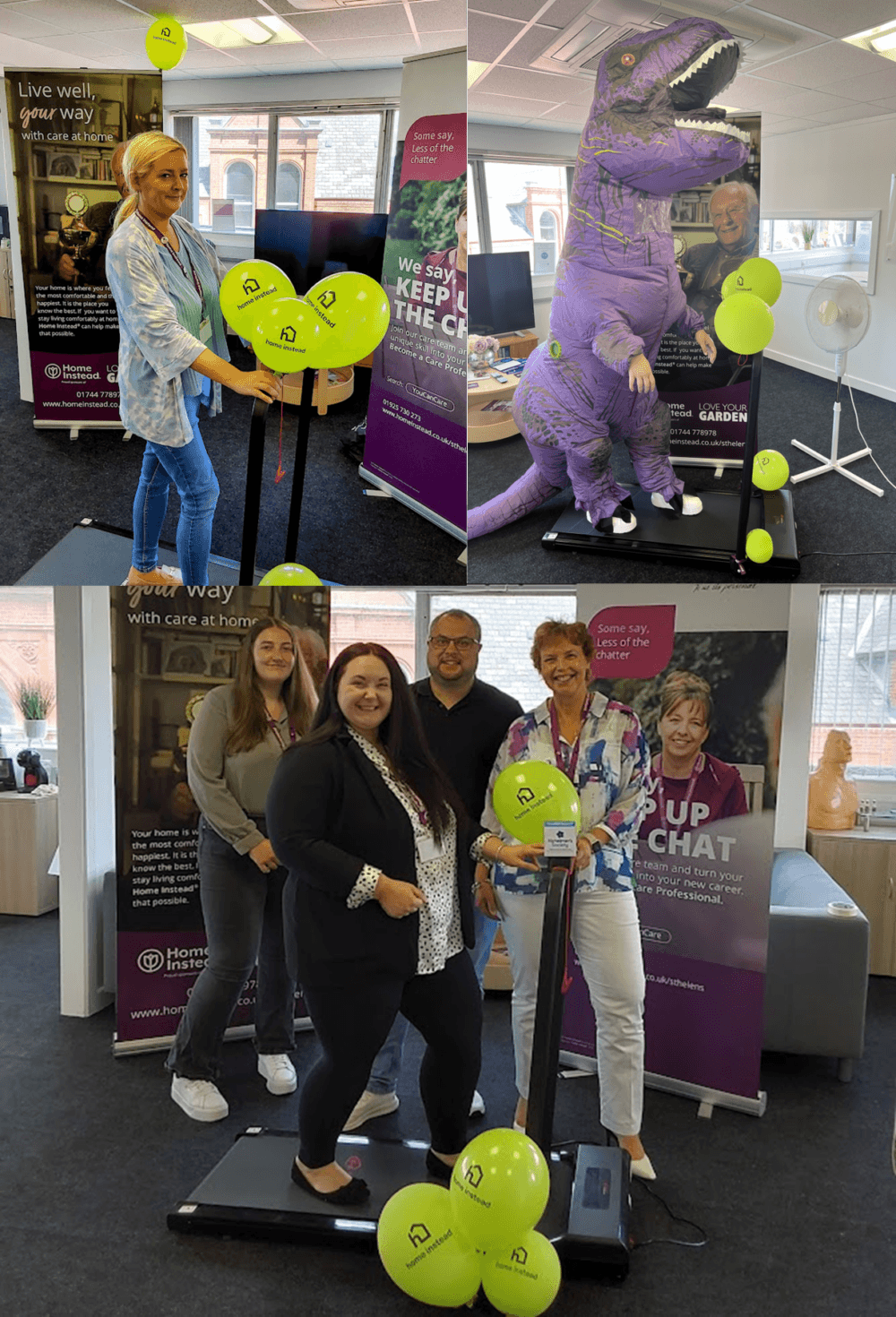 Image shows 3 images together, showing different members of staff on a treadmill. A staff employee is also dressed as a purple dinosaur to promote the walking challenge for dementia. There is a dark floor and light green balloons.