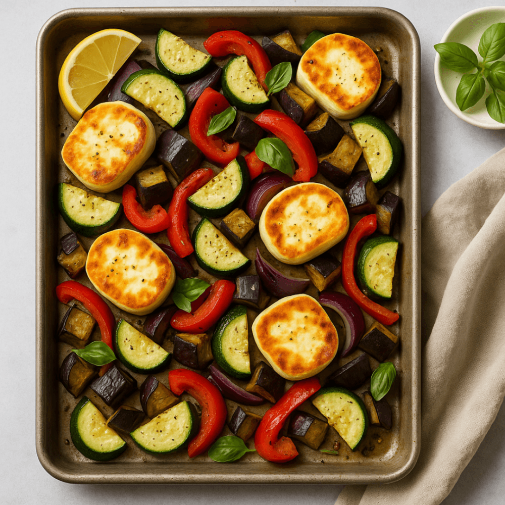 Roasted vegetables and halloumi slices on a baking tray, garnished with basil and a lemon wedge. - Home Instead