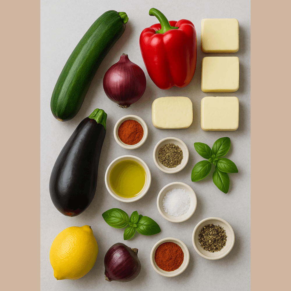 Assorted vegetables, spices, herbs, olive oil, lemon, and butter cubes arranged neatly on a light surface. - Home Instead