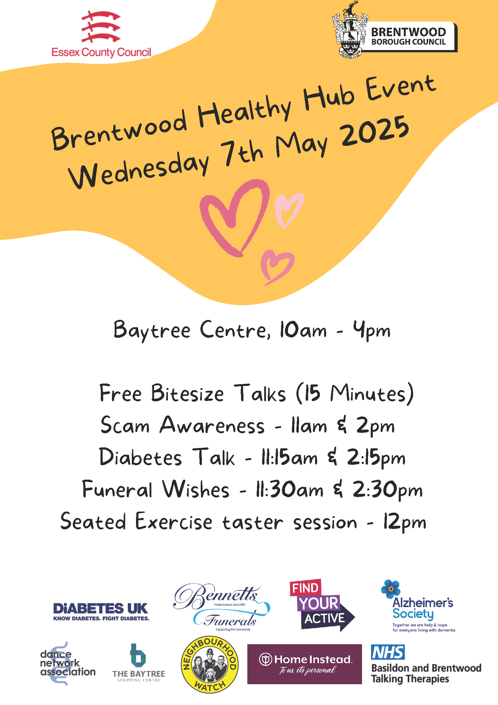 Poster for "Brentwood Healthy Hub Event" on May 7, 2025, with schedule, logos, and heart doodles. - Home Instead