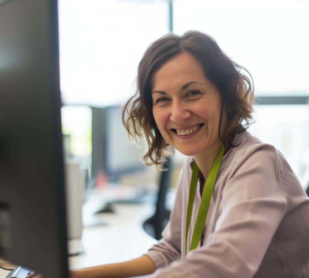 A woman with short hair and sitting in front of the computer happy and smiling inside the office