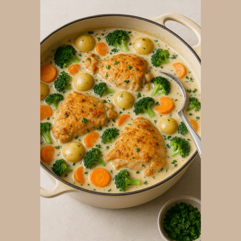 Creamy chicken stew with carrots, broccoli, potatoes, and herbs in a pot with a serving spoon. - Home Instead