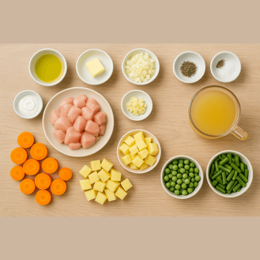 Assorted bowls of diced chicken, vegetables, broth, and seasonings arranged on a wooden surface. - Home Instead