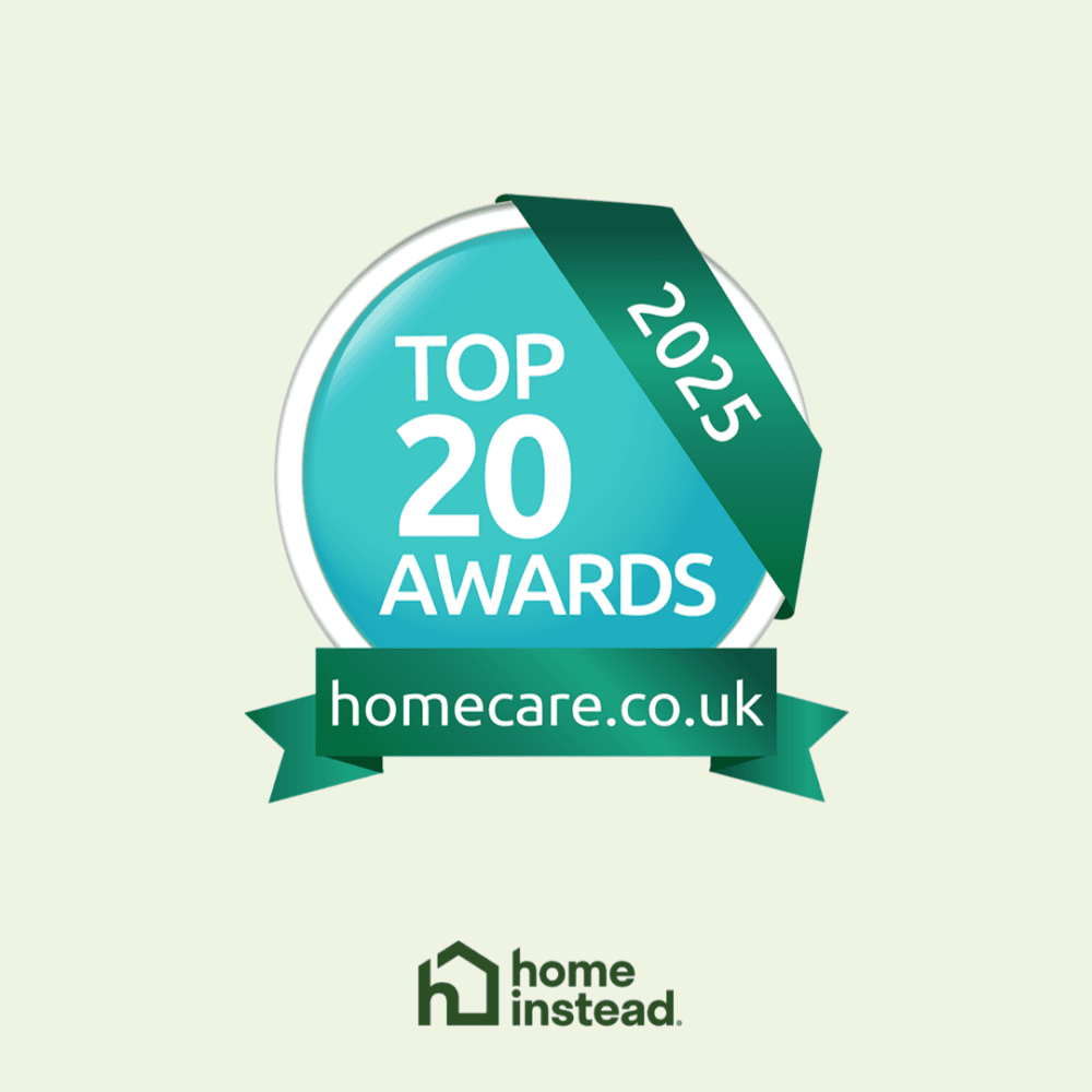 A blue badge reads "Top 20 Awards 2025 homecare.co.uk" above the Home Instead logo. - Home Instead