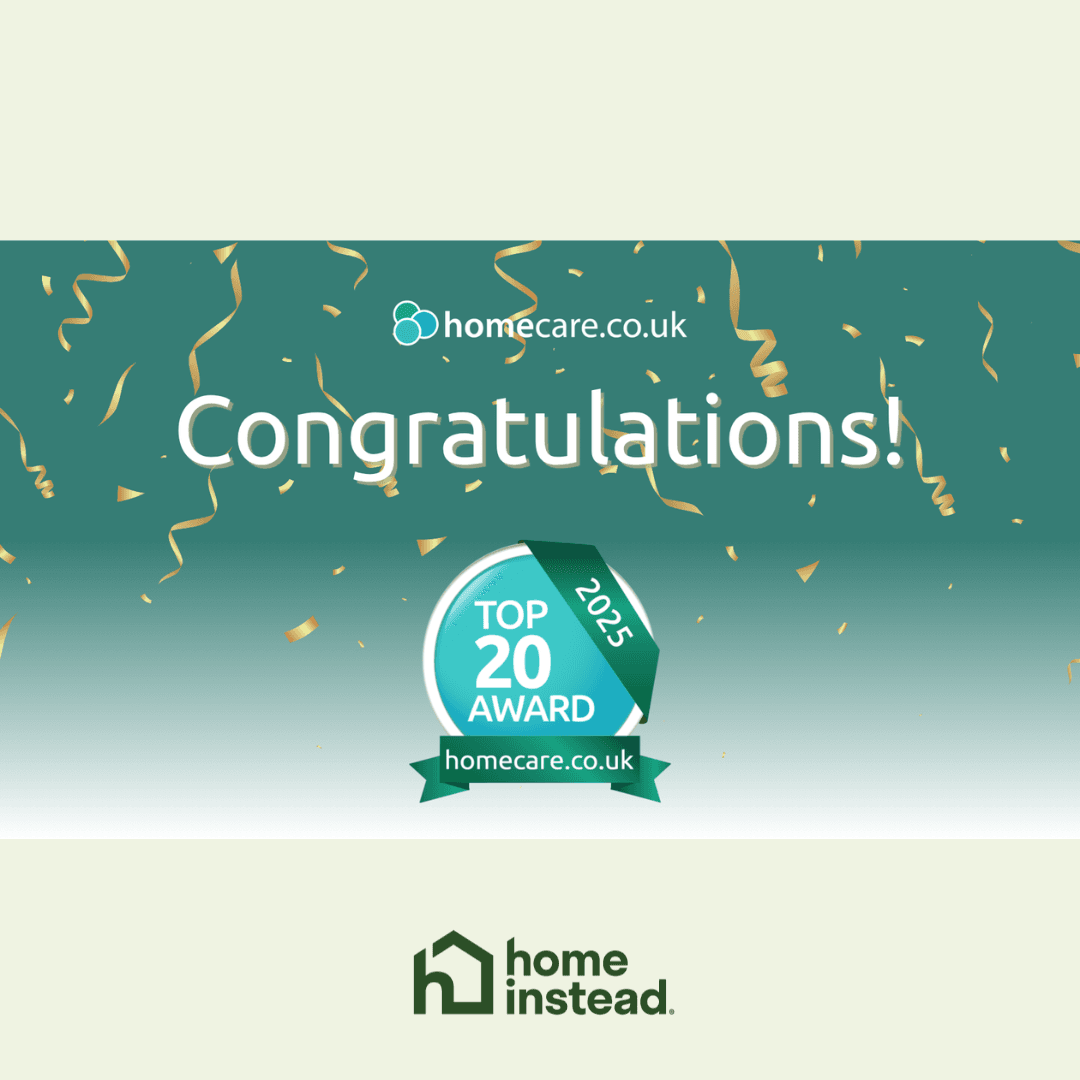 Confetti with "Congratulations! Top 20 Award 2025" and "home instead" logos on a green background. - Home Instead