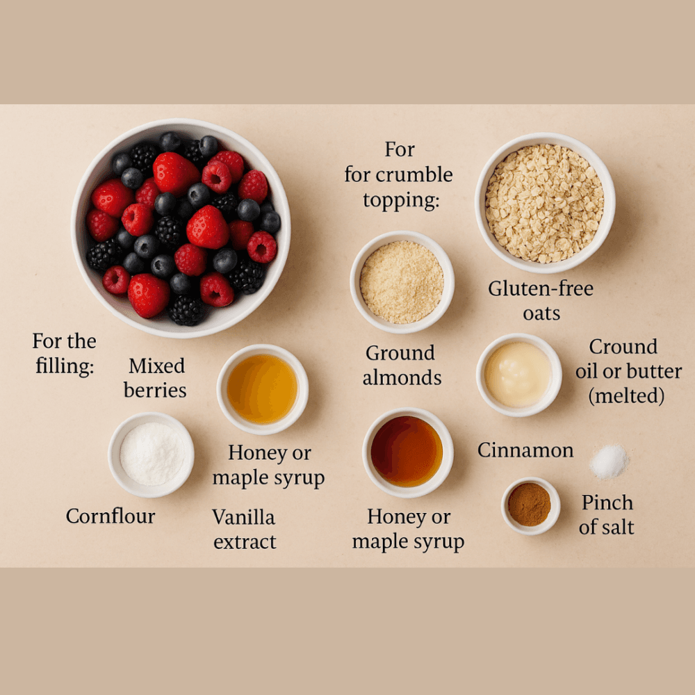 Bowl of mixed berries and small bowls of crumble topping ingredients labeled on a beige background. - Home Instead
