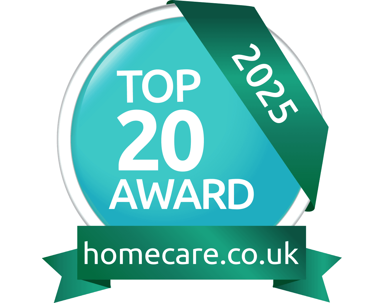 A teal badge reading "Top 20 Award 2025" with "homecare.co.uk" on a ribbon at the bottom. - Home Instead