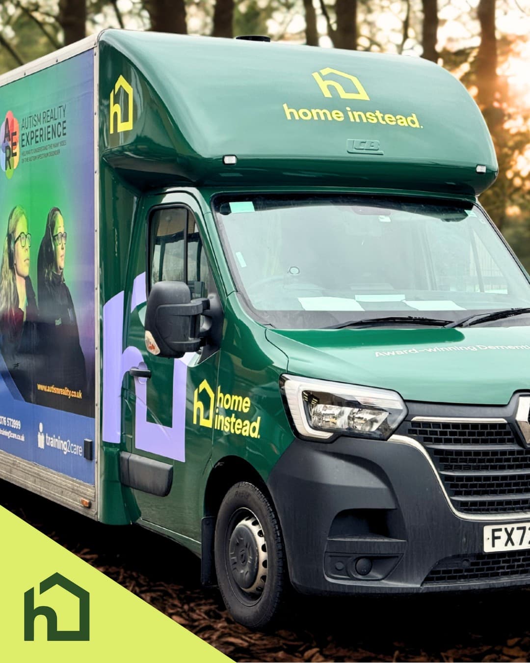 Green "home instead" van parked outdoors, displaying branding and an Autism Reality Experience advertisement. - Home Instead