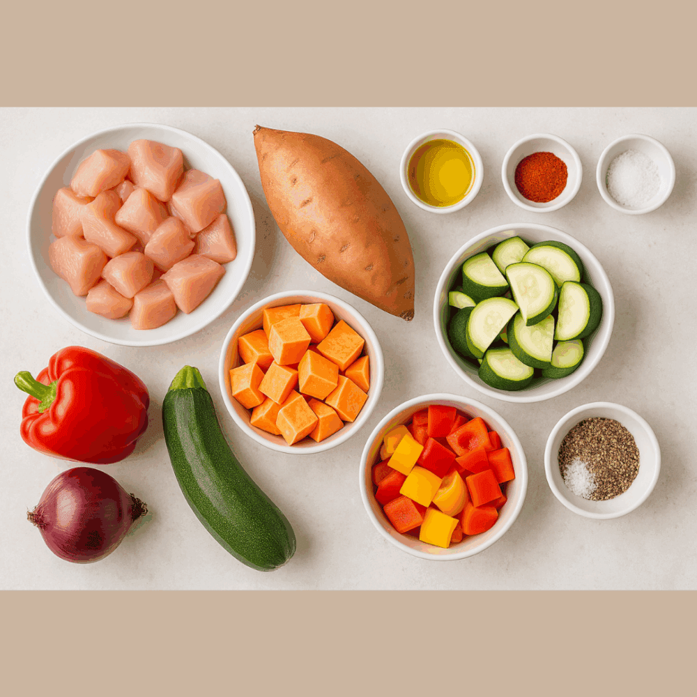 Bowls with chicken, diced sweet potato, zucchini, bell peppers, seasonings, oil, and whole vegetables on a table. - Home Instead