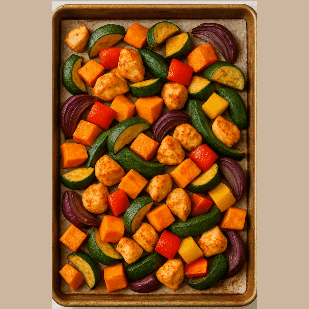 Colorful chopped vegetables and seasoned chicken pieces arranged on a baking sheet, ready to be roasted. - Home Instead