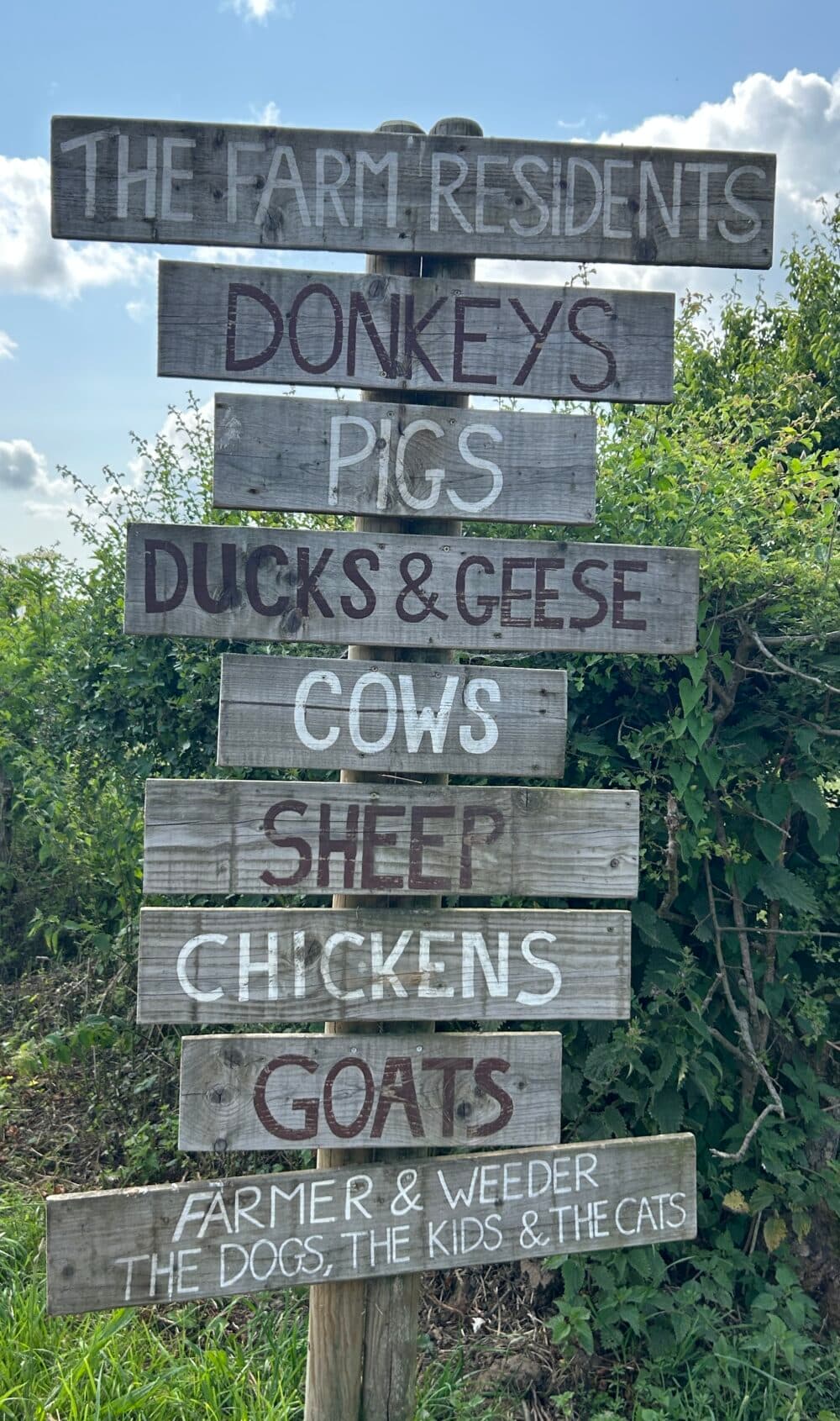 Sign at Street Croft Farm listing the farm residents as donkeys, pigs, ducks, geese, cows, sheep, chickens, goats, the farmer and weeder, the dogs, kids and cats