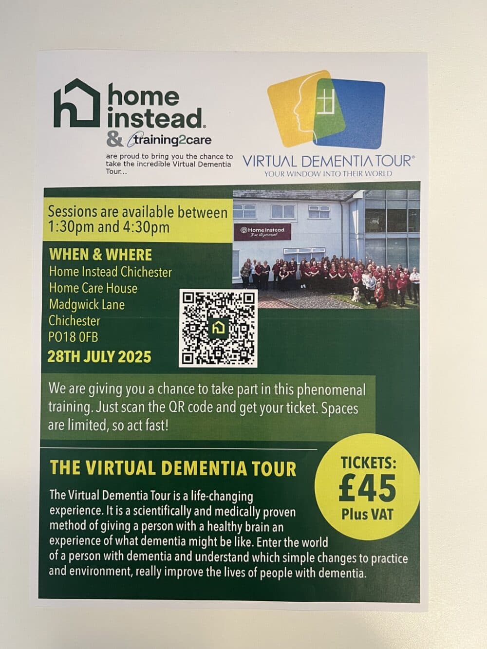 Flyer for a Virtual Dementia Tour event on 28 July 2025 at Home Instead Chichester, ticket price £45. - Home Instead