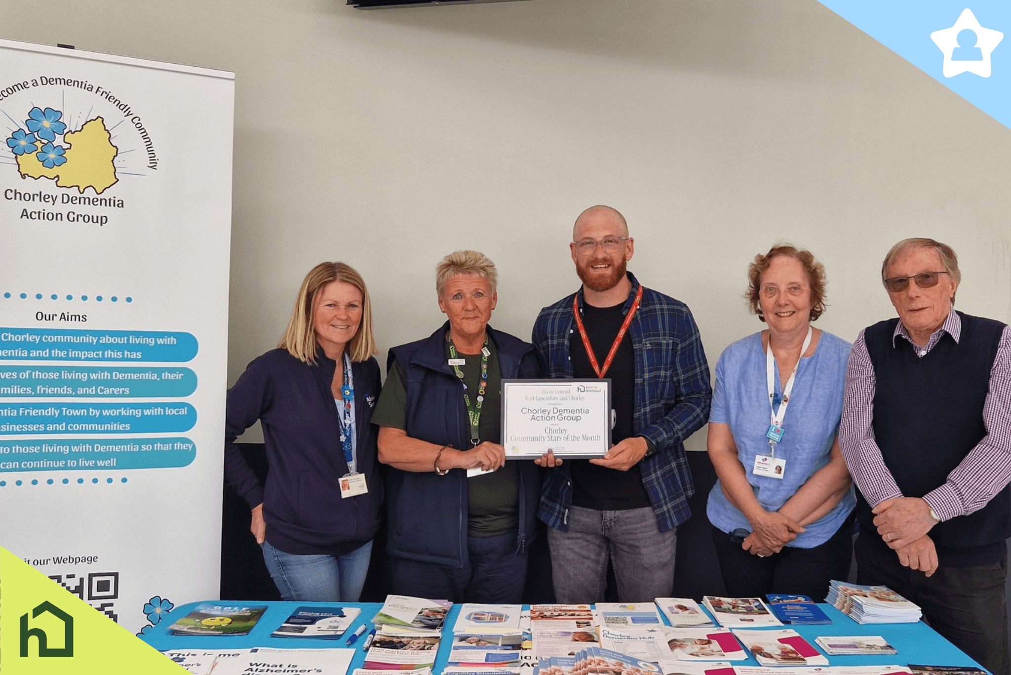 Home Instead West Lancashire and Chorley presenting members of the Chorley Dementia Action Group the certificate for being community stars of the month in july 2025