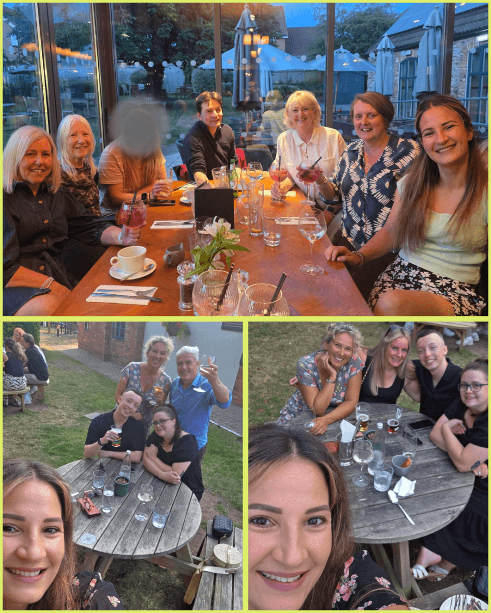 Three photos show people smiling and enjoying drinks together at a restaurant, both indoors and outdoors. - Home Instead