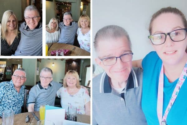 A collage of people smiling together at a restaurant and taking selfies, featuring one man in all photos. - Home Instead
