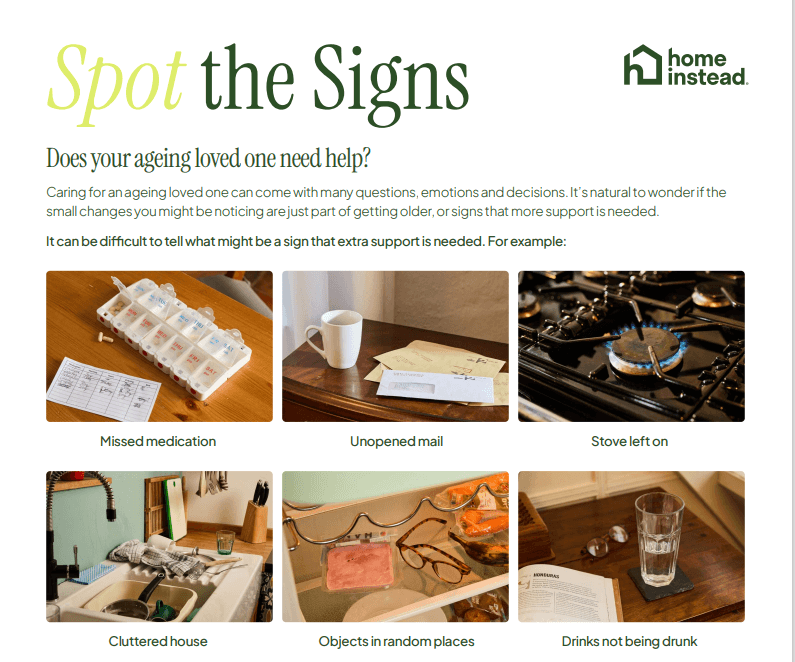 Six images show signs an elderly person may need help: missed meds, unopened mail, stove on, clutter, misplaced objects, drinks. - Home Instead