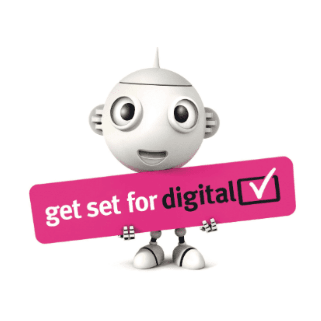 Robot holding a get set for digital sign