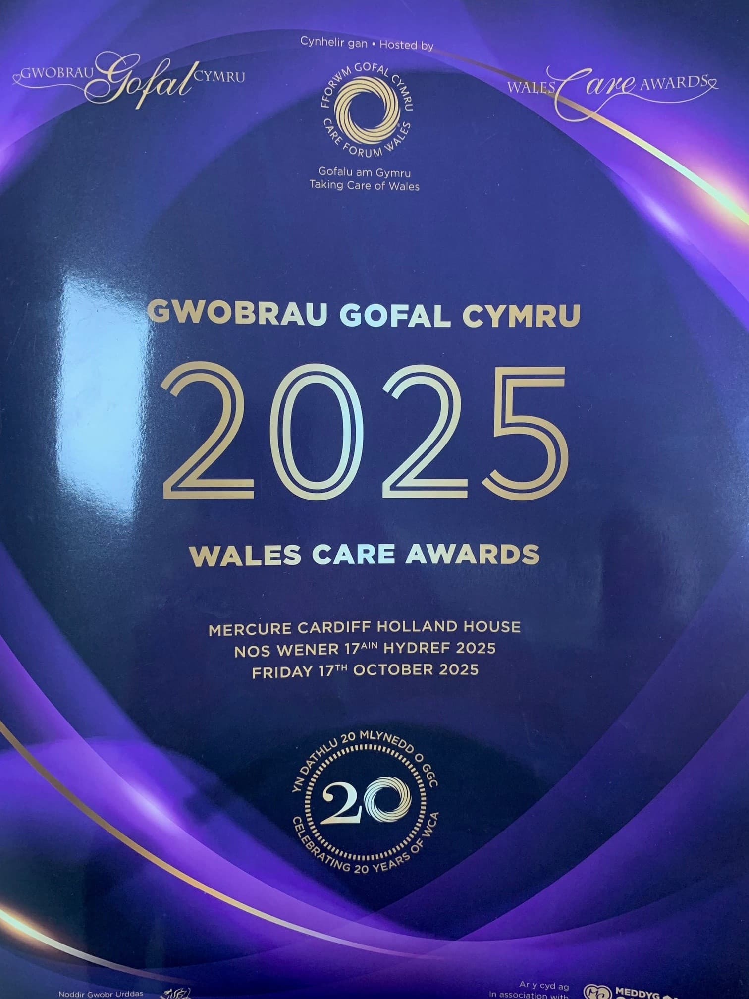 Poster for the 2025 Wales Care Awards, celebrating 20 years, held in Cardiff on October 17, 2025. - Home Instead