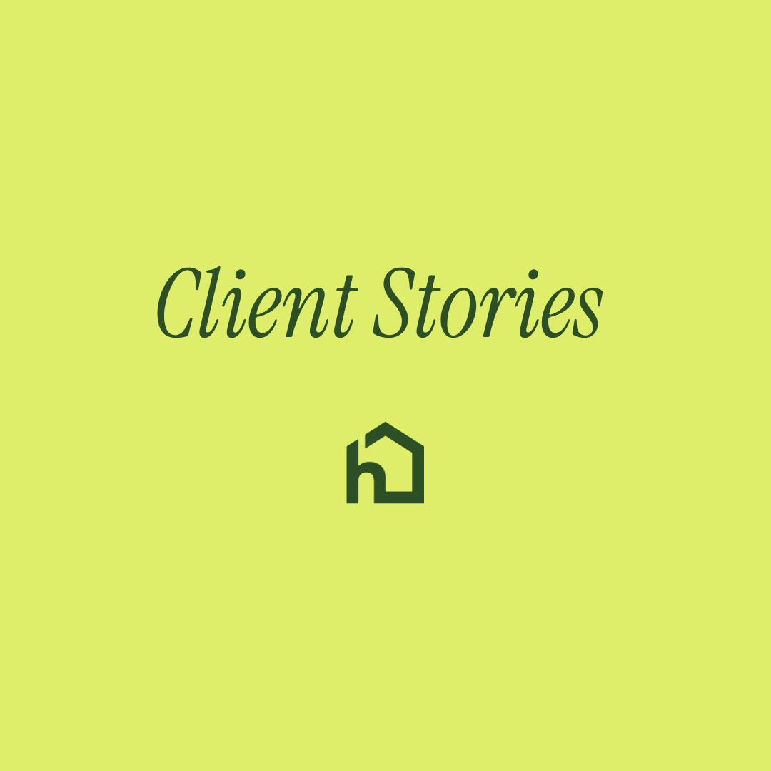 Light green background with the words "Client Stories" and a simple house icon below the text. - Home Instead