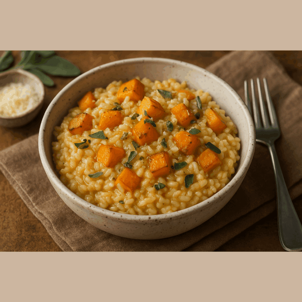 Bowl of creamy risotto topped with roasted butternut squash and herbs, with a fork and cheese on the side. - Home Instead