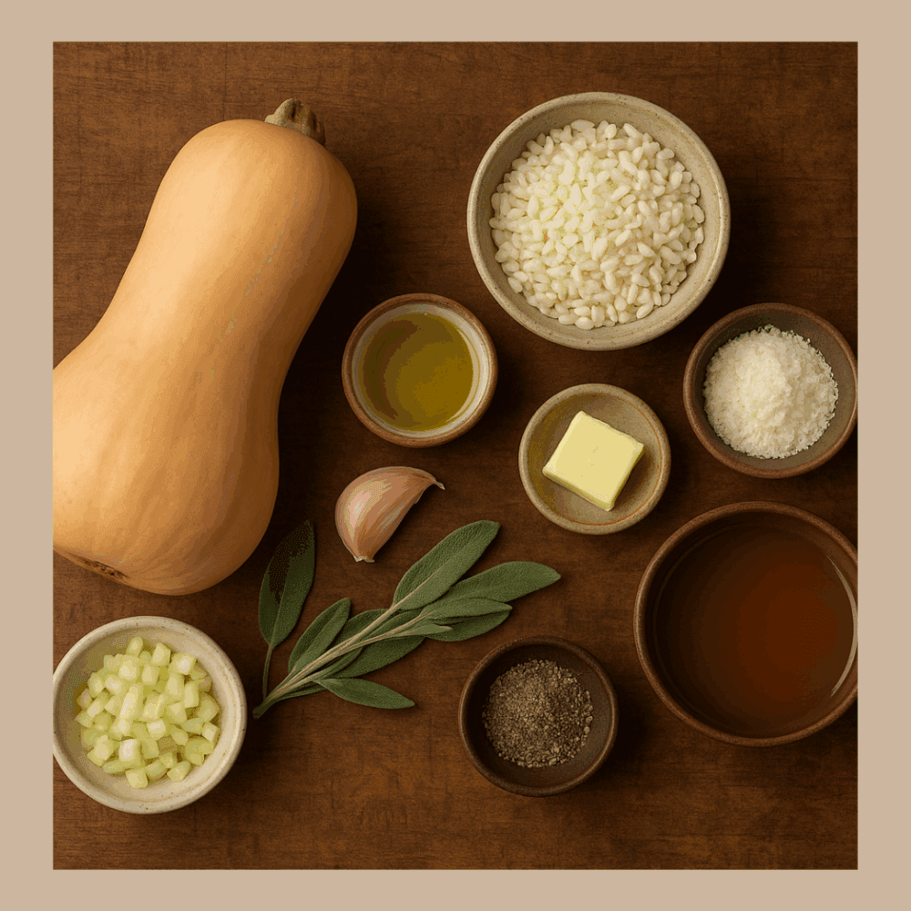 Butternut squash, arborio rice, broth, butter, cheese, oil, garlic, celery, sage, salt, and pepper on a table. - Home Instead