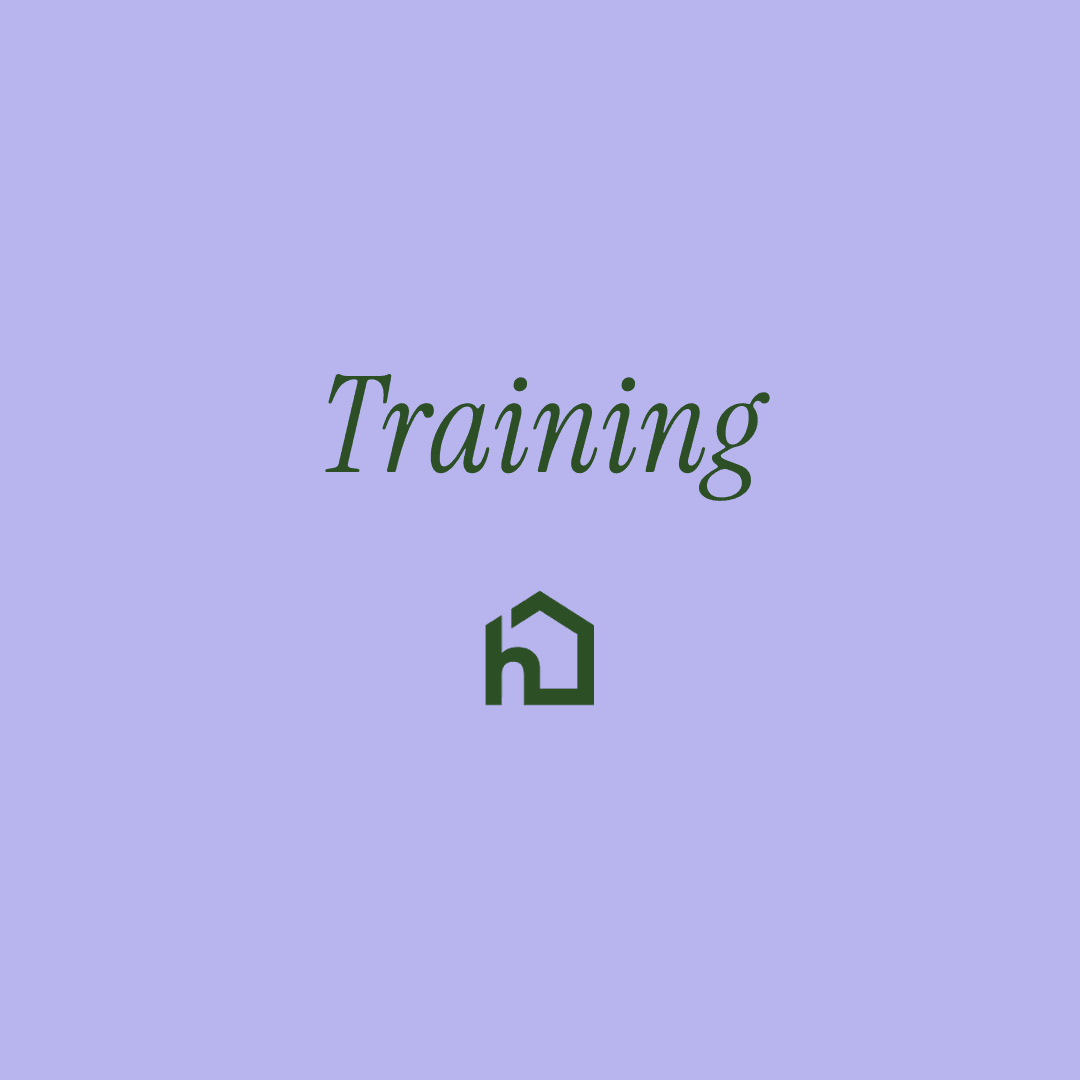 Green word "Training" and a house icon on a light purple background. - Home Instead