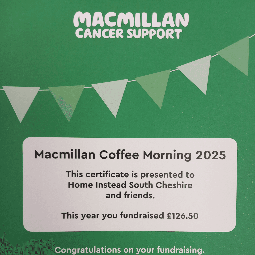 A certificate for Macmillan Coffee Morning 2025, showing £126.50 raised by Home Instead South Cheshire. - Home Instead
