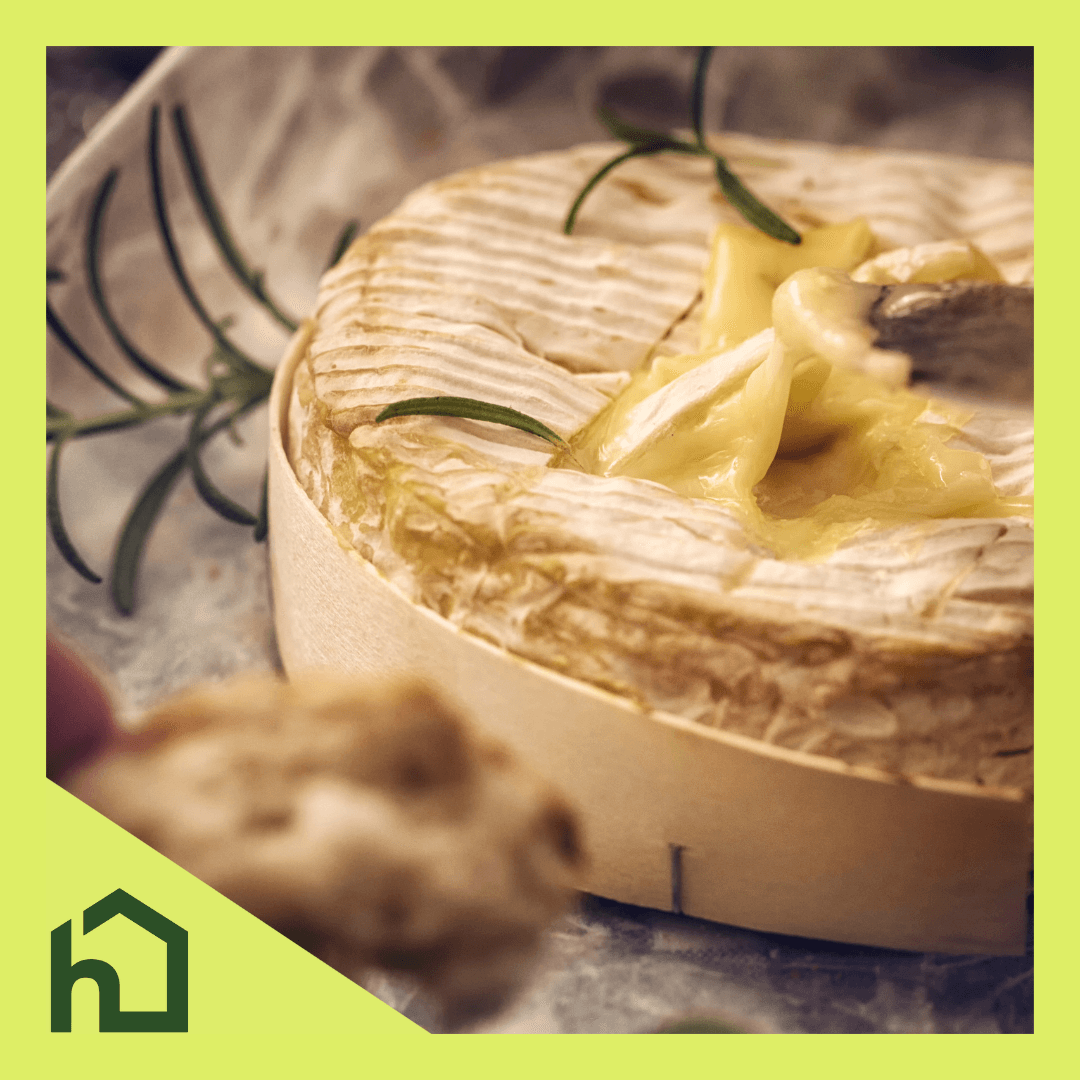 A picture of a baked camembert with melting cheese coming our of the middle. It is surrounded by rosemary and there is Home Instead branding (including the logo) surrounding the picture of the camembert.