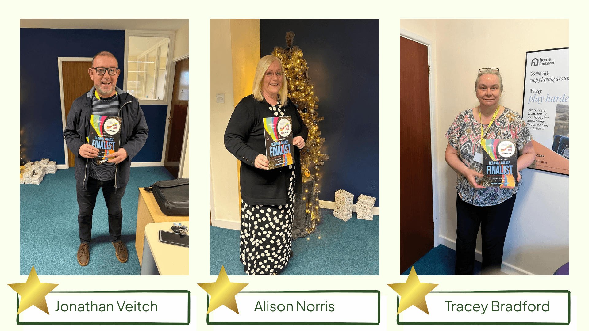 Three people smiling indoors, each holding a "Finalist" award. Their names are displayed below their photos. - Home Instead