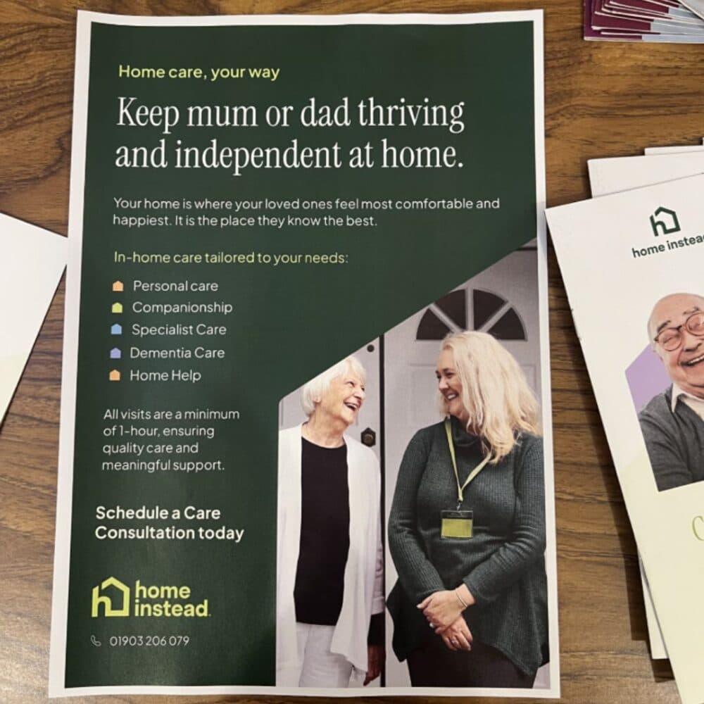 A leaflet for home care services, showing two smiling elderly women, with care options listed beside them. - Home Instead