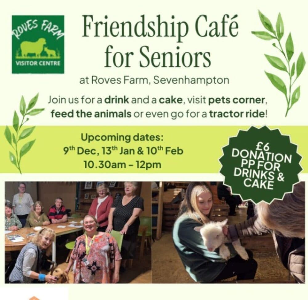 Friendship Café for Seniors flyer with event details, photos of seniors, a cake, and holding a lamb. - Home Instead