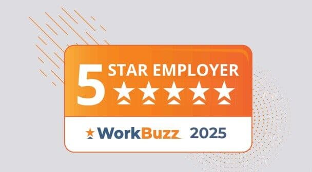 Orange badge with "5 Star Employer", five stars, and "WorkBuzz 2025" on a light grey background. - Home Instead