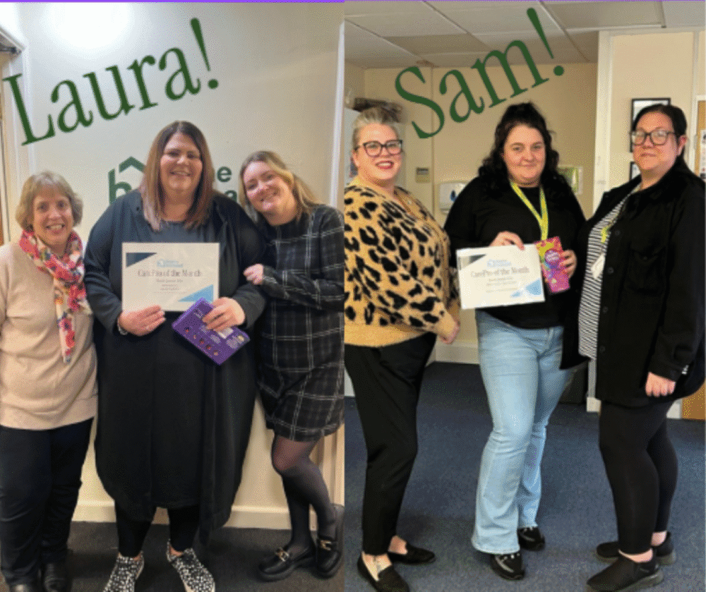 Four women stand together smiling. Two hold "Employee of the Month" certificates labelled Laura and Sam. - Home Instead