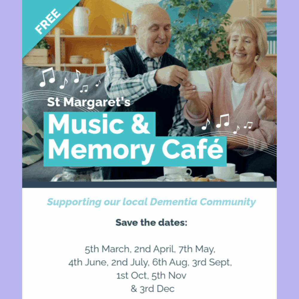 Two older adults smiling and having tea at a community café event for dementia support. - Home Instead