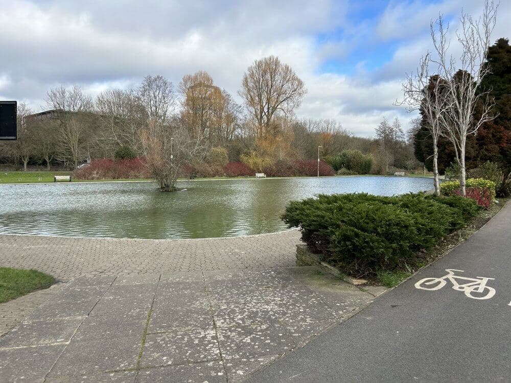 Home Instead picture of Eastrop Park, Basingstoke, showing the lake and a bike path on a cloudy winter day.